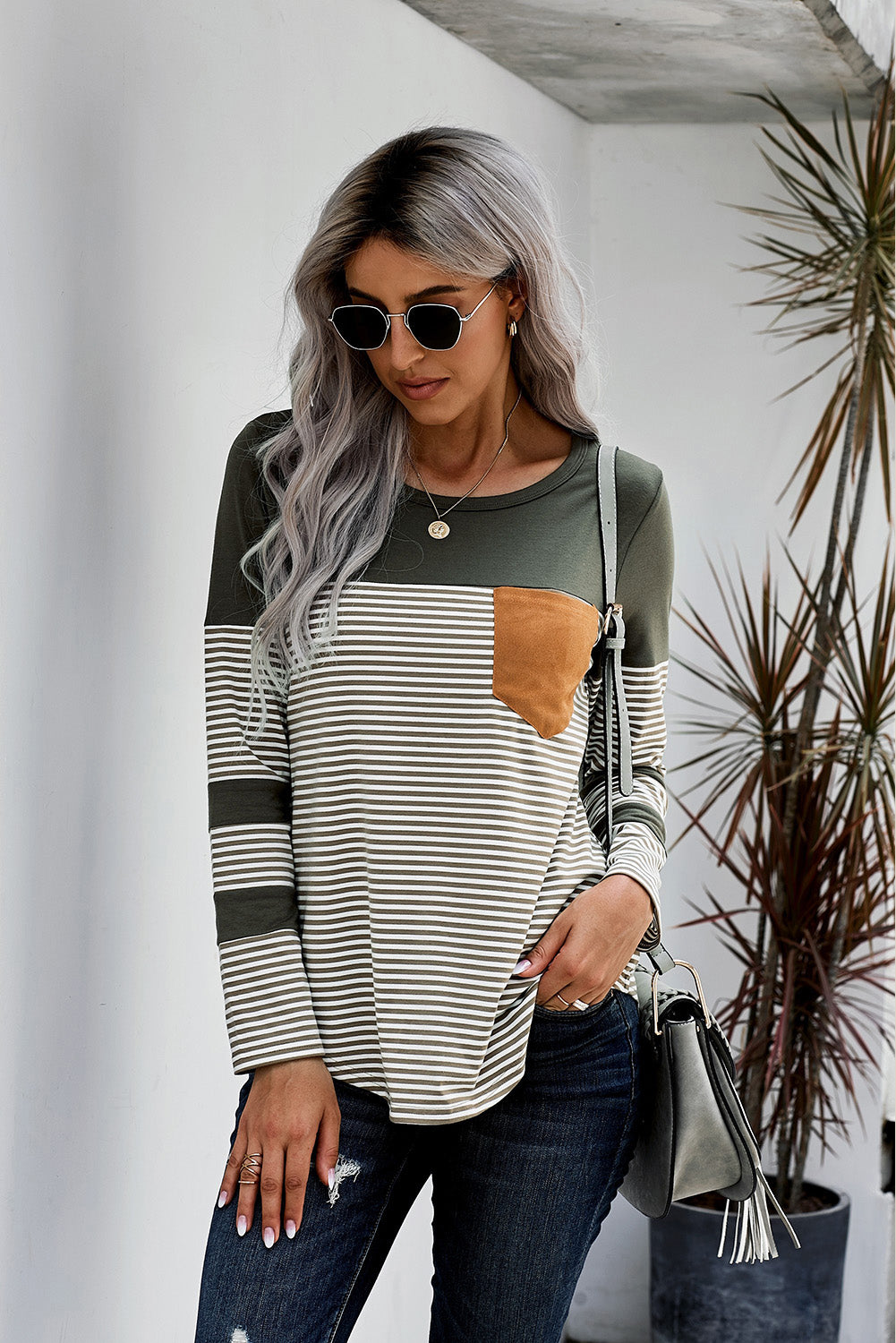 Khaki Pinstripe Patch Pocket Top