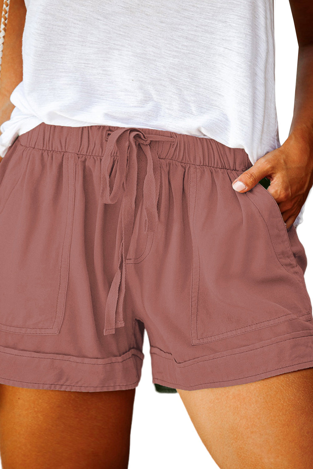 Gray Black/Red/Blue/Green/Gray/Apricot Elastic Waist Drawstring Pocket Shorts