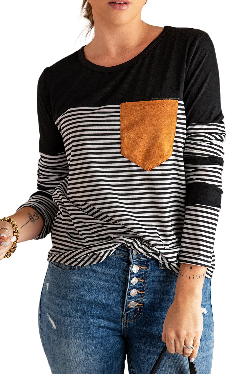 Khaki Pinstripe Patch Pocket Top