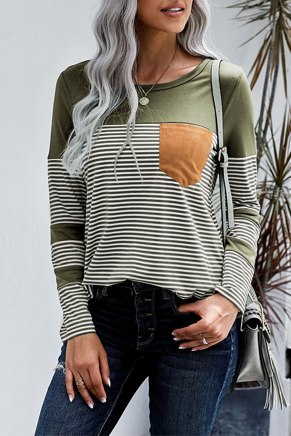 Khaki Pinstripe Patch Pocket Top