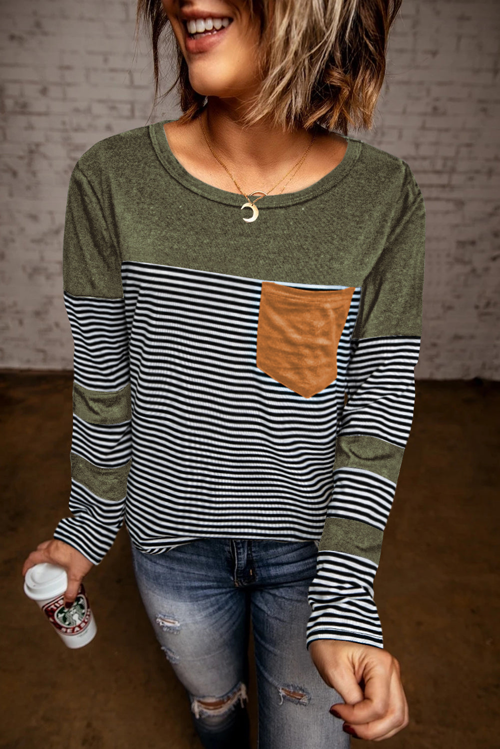 Khaki Pinstripe Patch Pocket Top