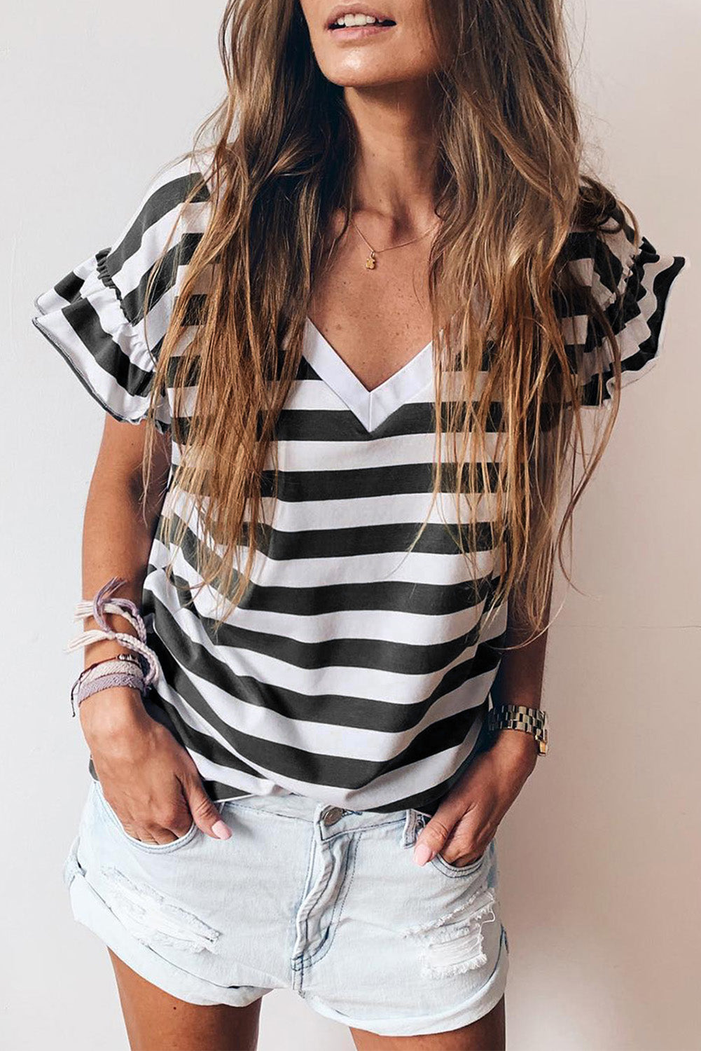 Striped Ruffle Sleeve Top