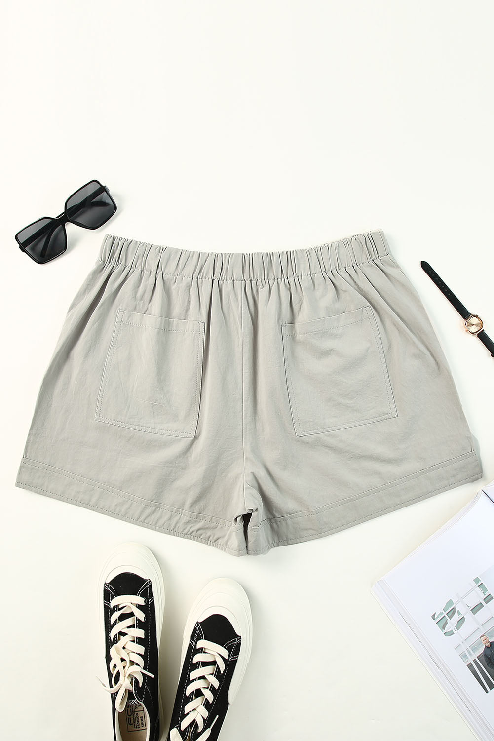 Gray Black/Red/Blue/Green/Gray/Apricot Elastic Waist Drawstring Pocket Shorts