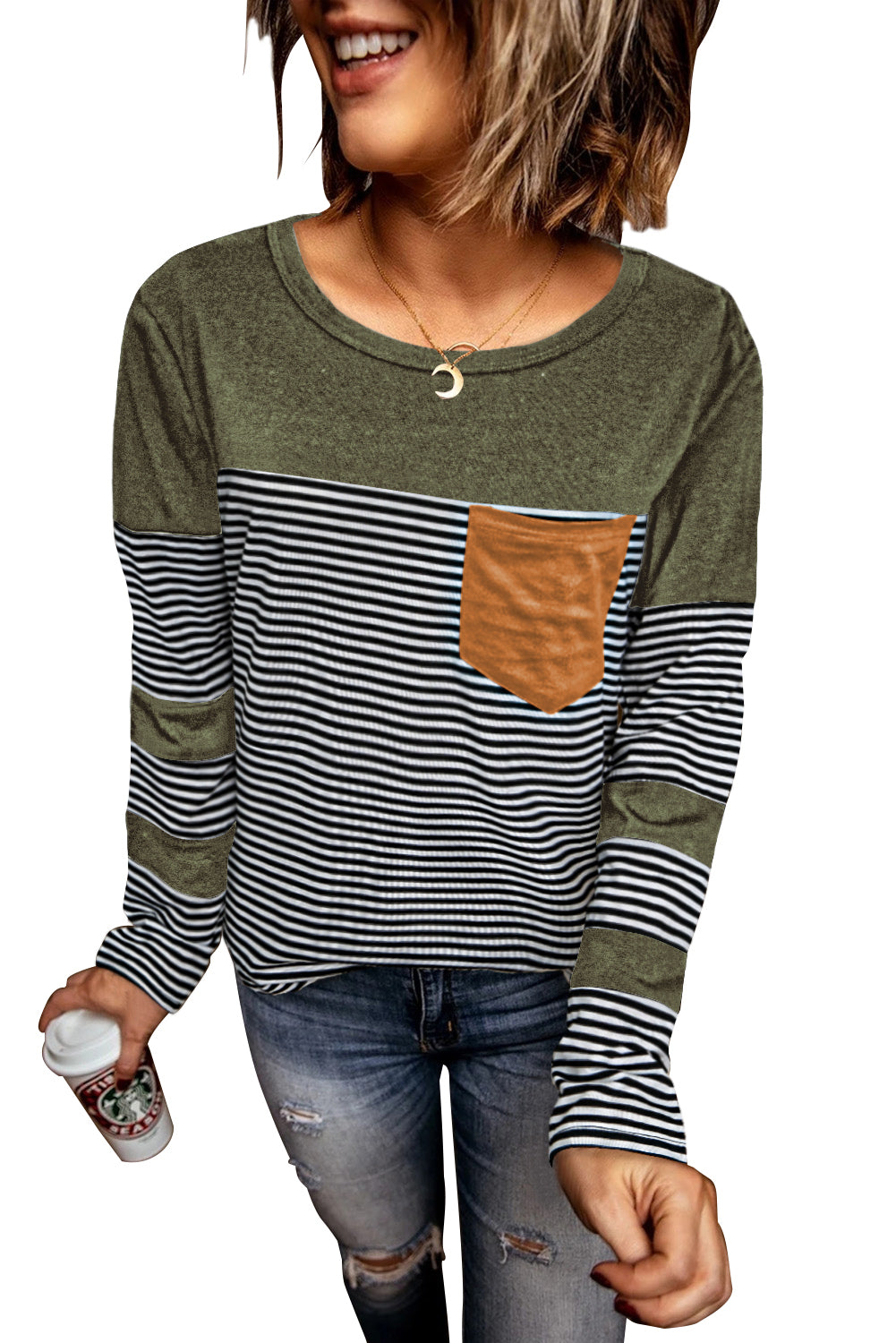 Khaki Pinstripe Patch Pocket Top
