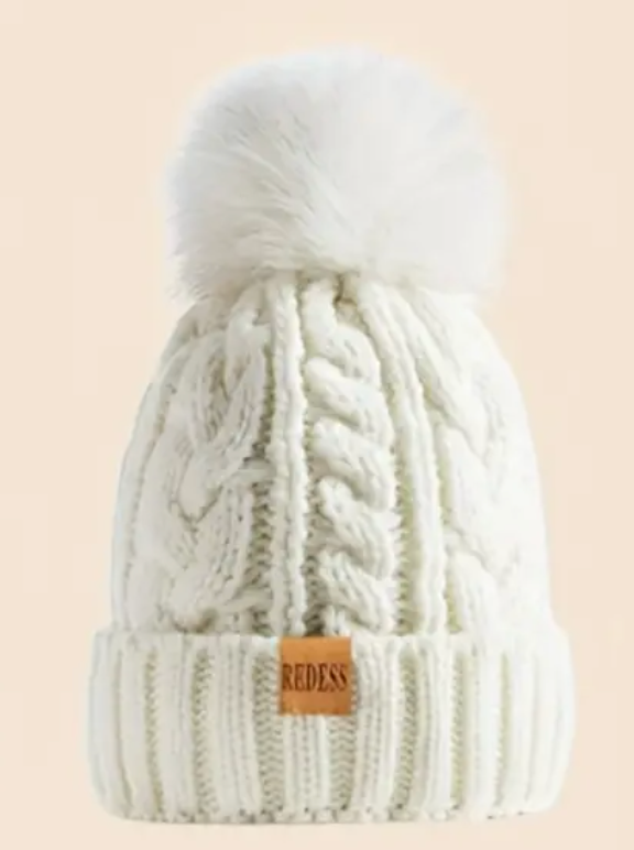 Knitted Hat with Pom - White