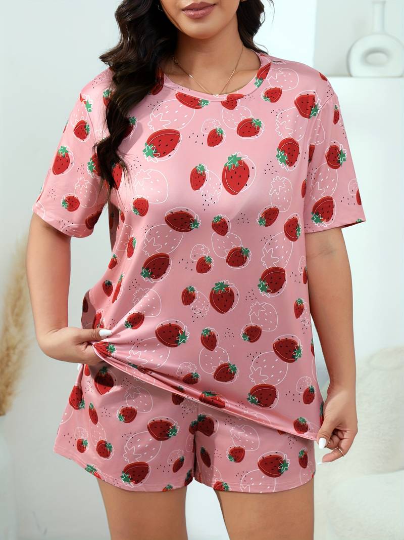 Women's Plus Strawberry Print Loungewear 2 Piece Set