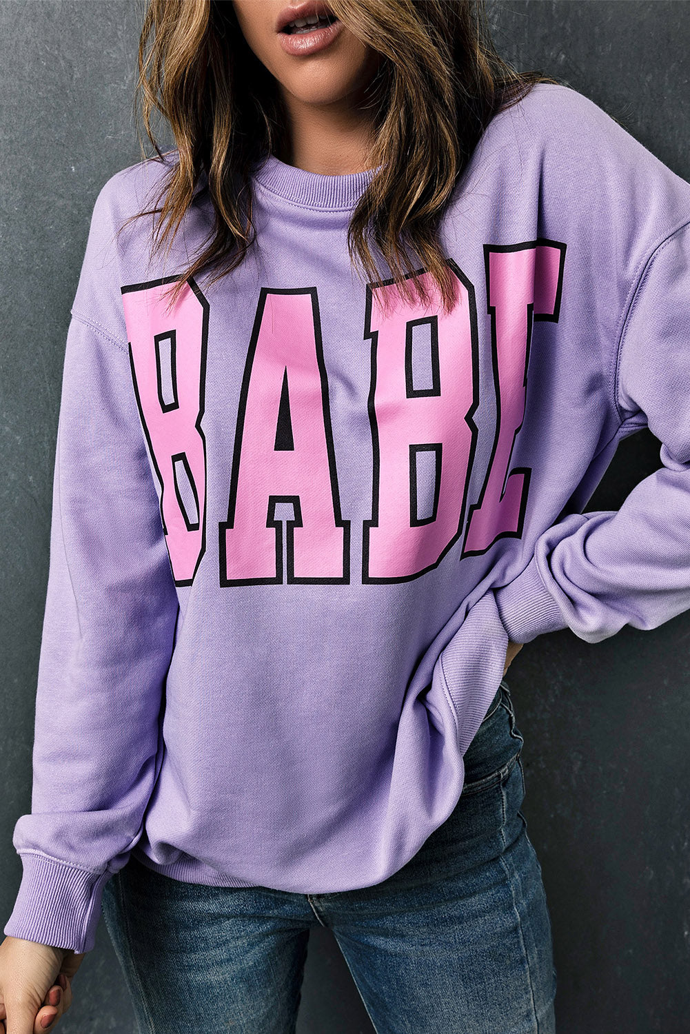 Gray BABE Letter Graphic Pullover Sweatshirt