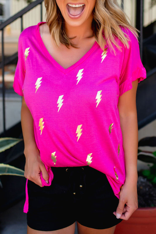 Rose Shiny Lightning Print V Neck Loose Tee