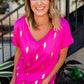 Rose Shiny Lightning Print V Neck Loose Tee