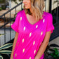 Rose Shiny Lightning Print V Neck Loose Tee