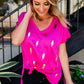 Rose Shiny Lightning Print V Neck Loose Tee