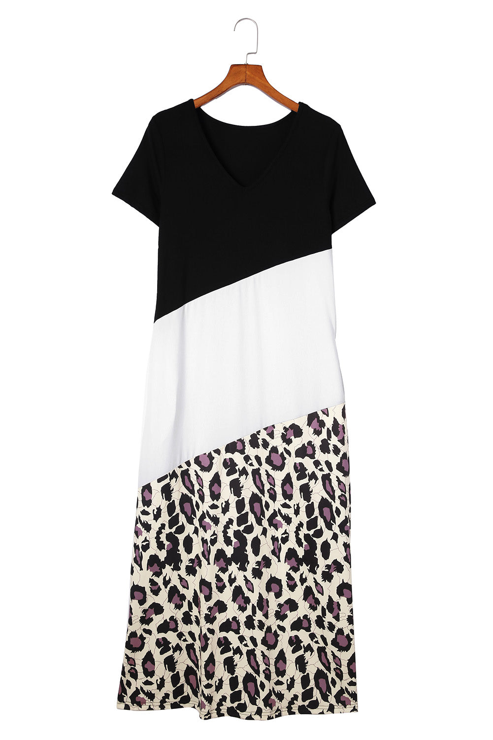 Leopard Color Block Side Slit T Shirt Maxi Dress