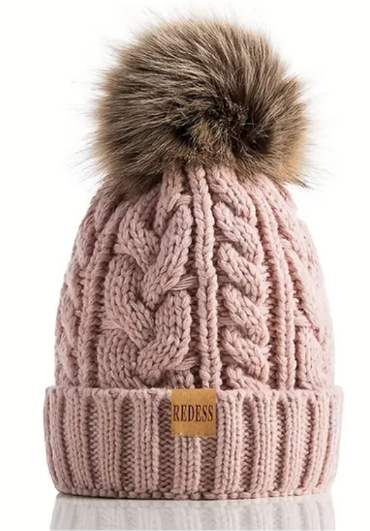 Knitted Hat with Pom - Pink