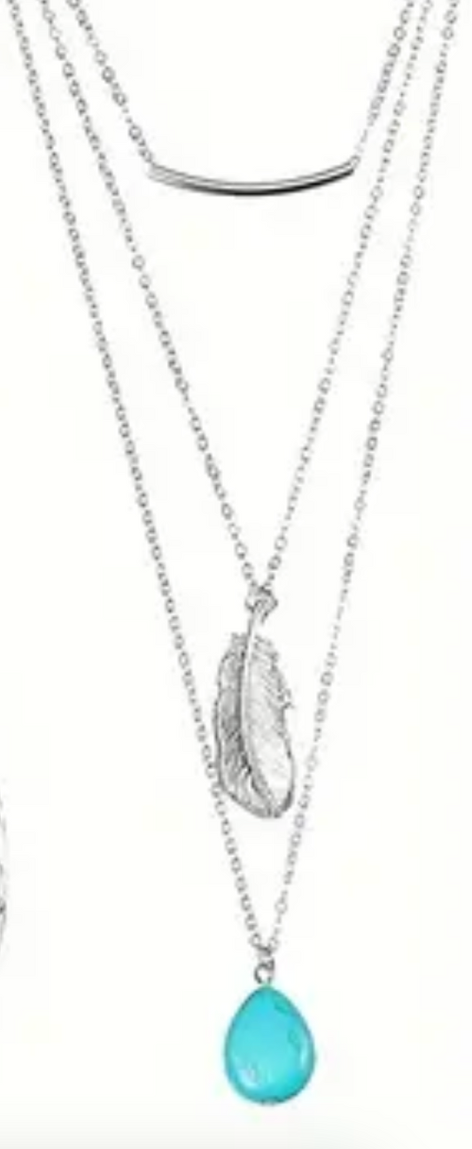 Silver Feather Double Triple Necklace